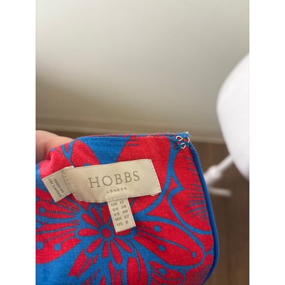 Hobbs Blue Red Cap Sleeve V-Neck Linen Midi Dress Sz 8 - Picture 4 of 4